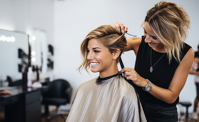 Woman cutting another woman's hair