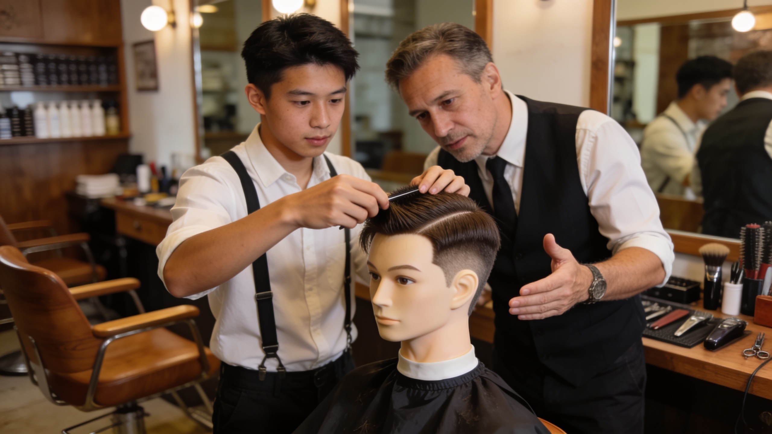 Barber apprentice practicing on a mannequin head with a mentor