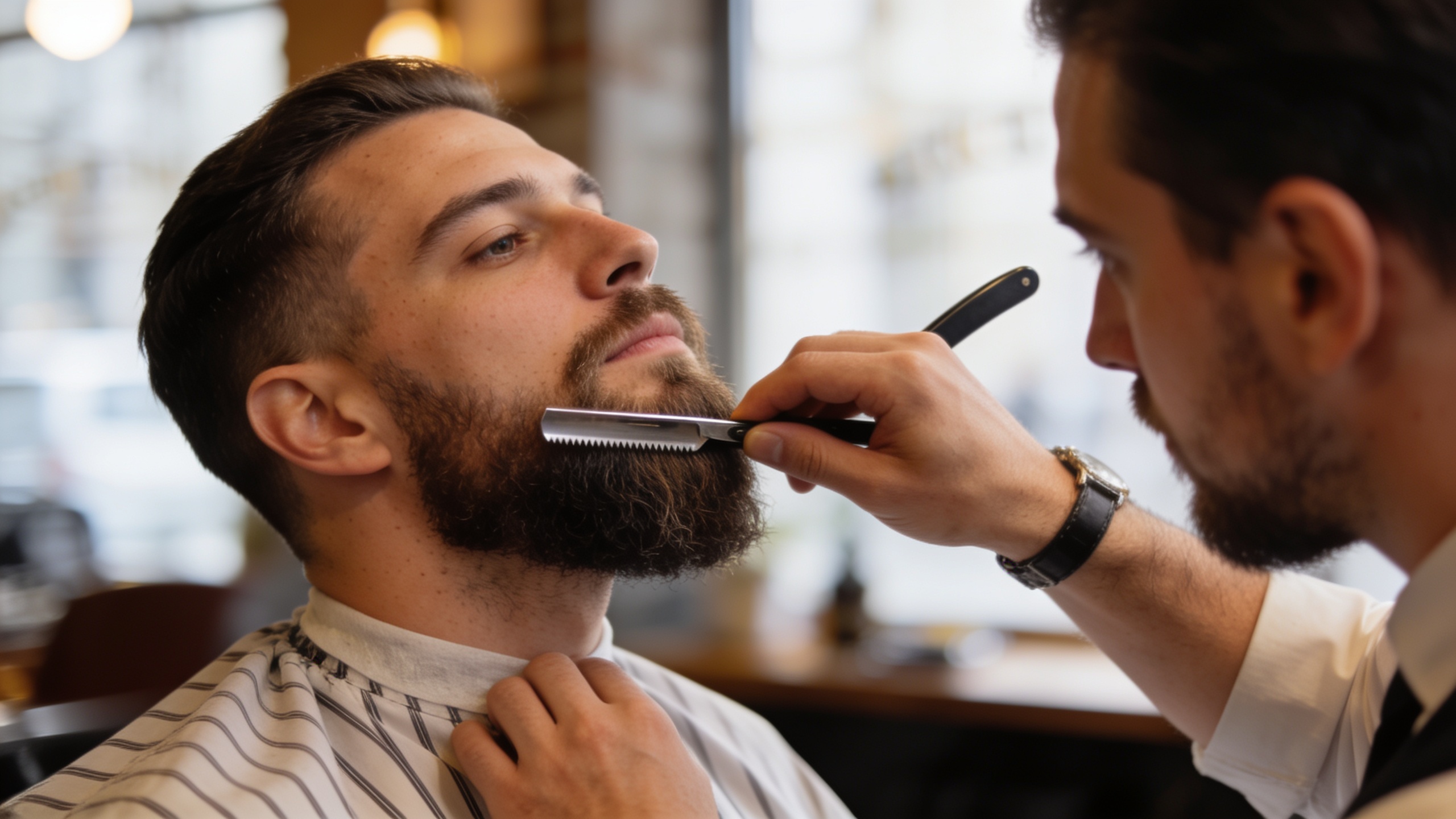 Barber lining up a client's beard with a razor