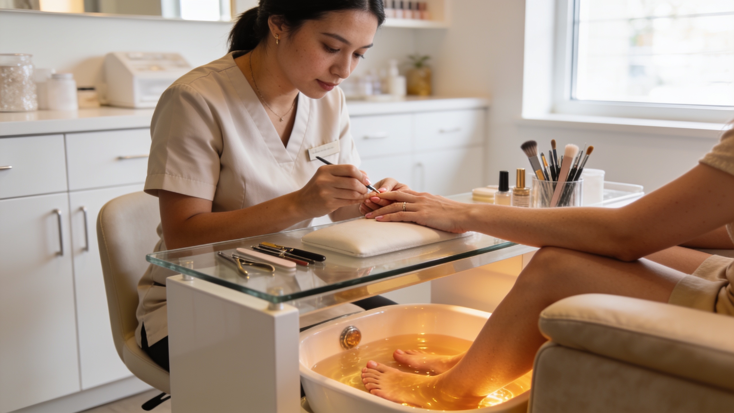 Cosmetologist giving a client a manicure and pedicure treatment