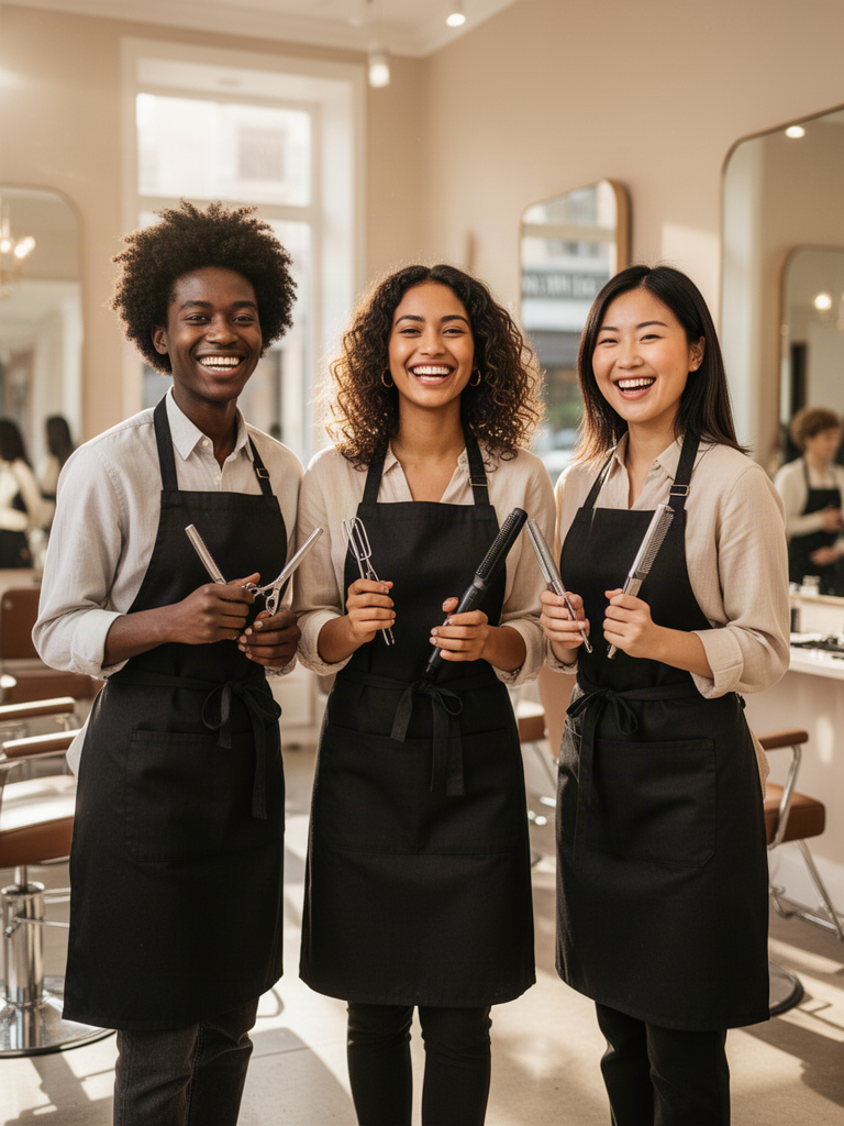 Three smiling young cosmetologists of different backgrounds standing together in a modern salon, holding styling tools